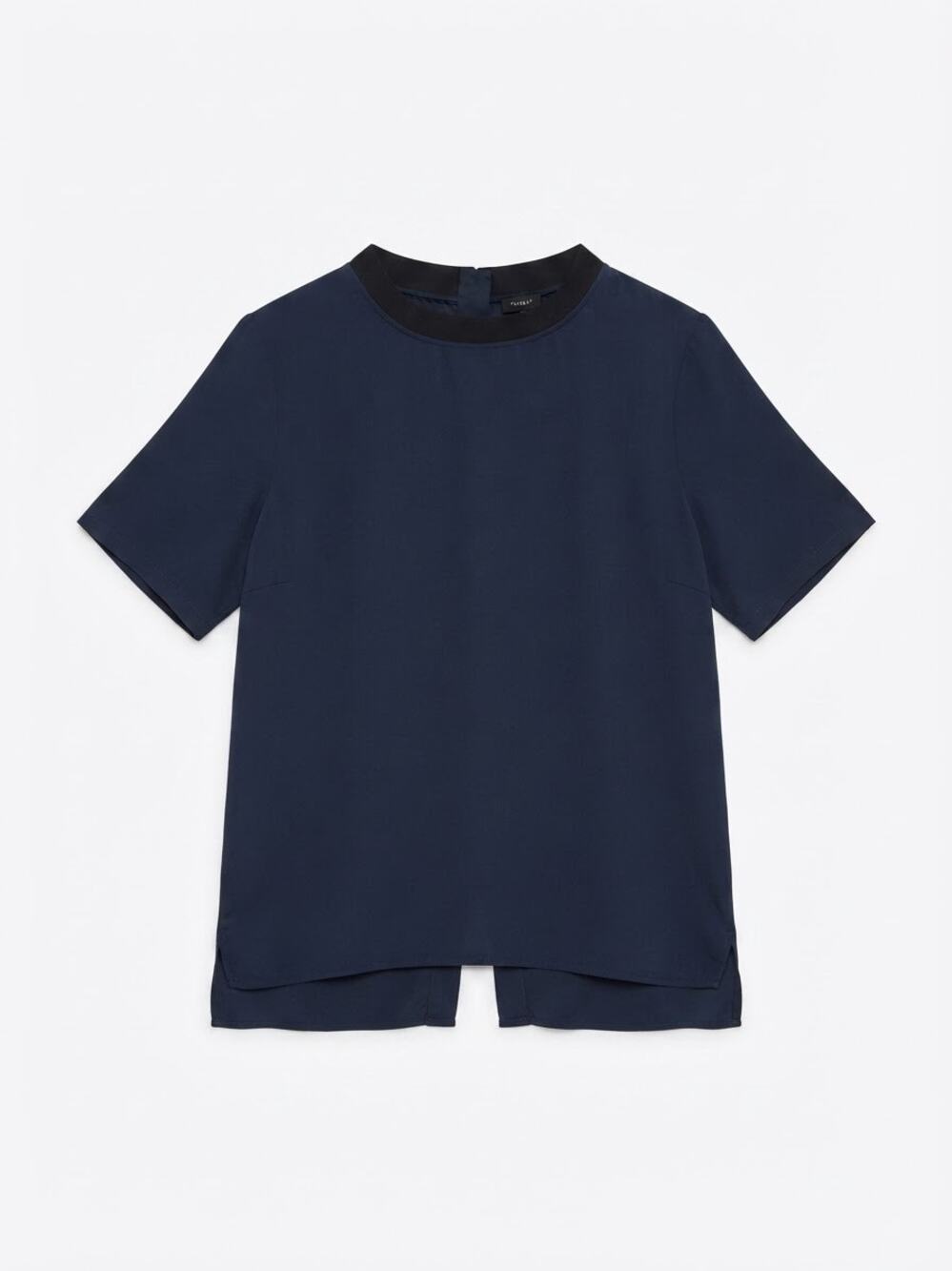 Theory Silk Top Womens M Navy Blue Short Sleeve Button Back Minimalist Workwear